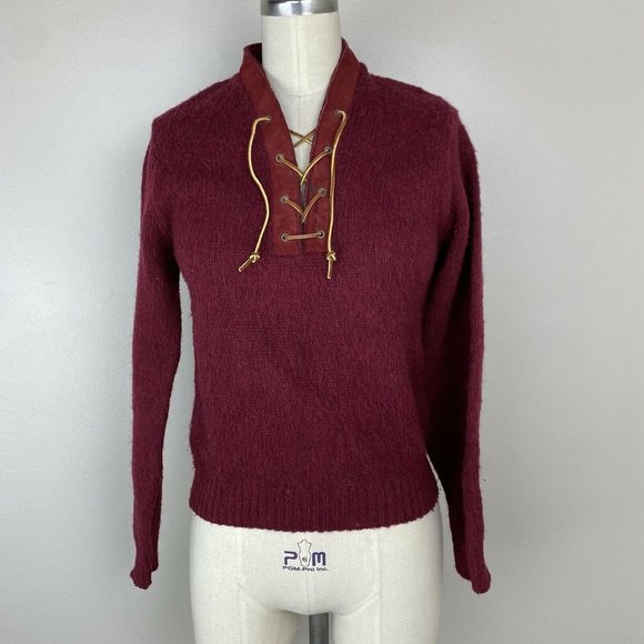 Vintage 1960s Munsingwear Mohair Sweater, Size XS, Leather Lace Up, Distressed